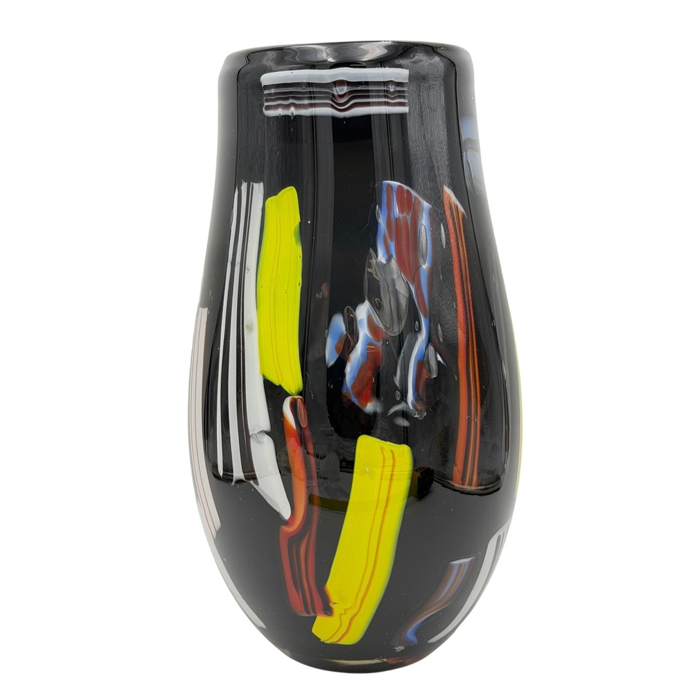 Vtg Art Glass Vase Colorful Black Stripe Abstract Postmodern Heavy LG Y2K 11.5in